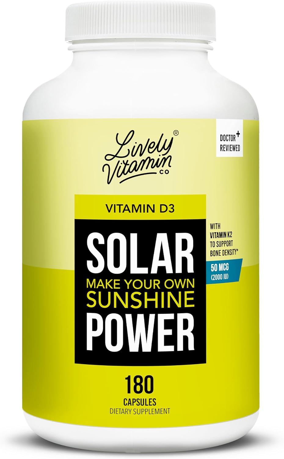 Solar Power Vitamin D3 5000 UI + Vitamina K2 (MK-7) MenaQ7® – 60 Cápsulas – Lively Vitamin Co.