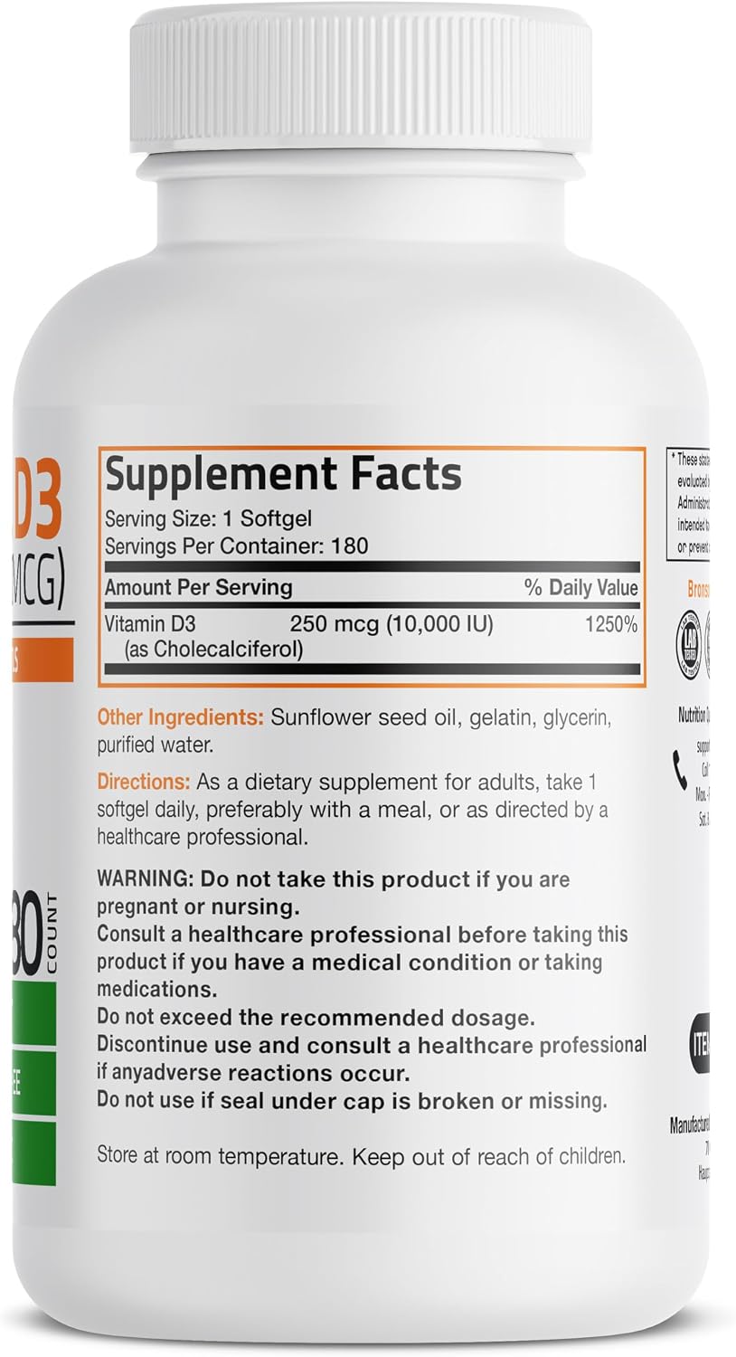 Bronson Vitamin D3 10,000 IU (250 mcg) Alta Potencia - Apoya el Sistema Inmunitario, Huesos, Músculos y Dientes - No GMO, 180 Cápsulas Blandas