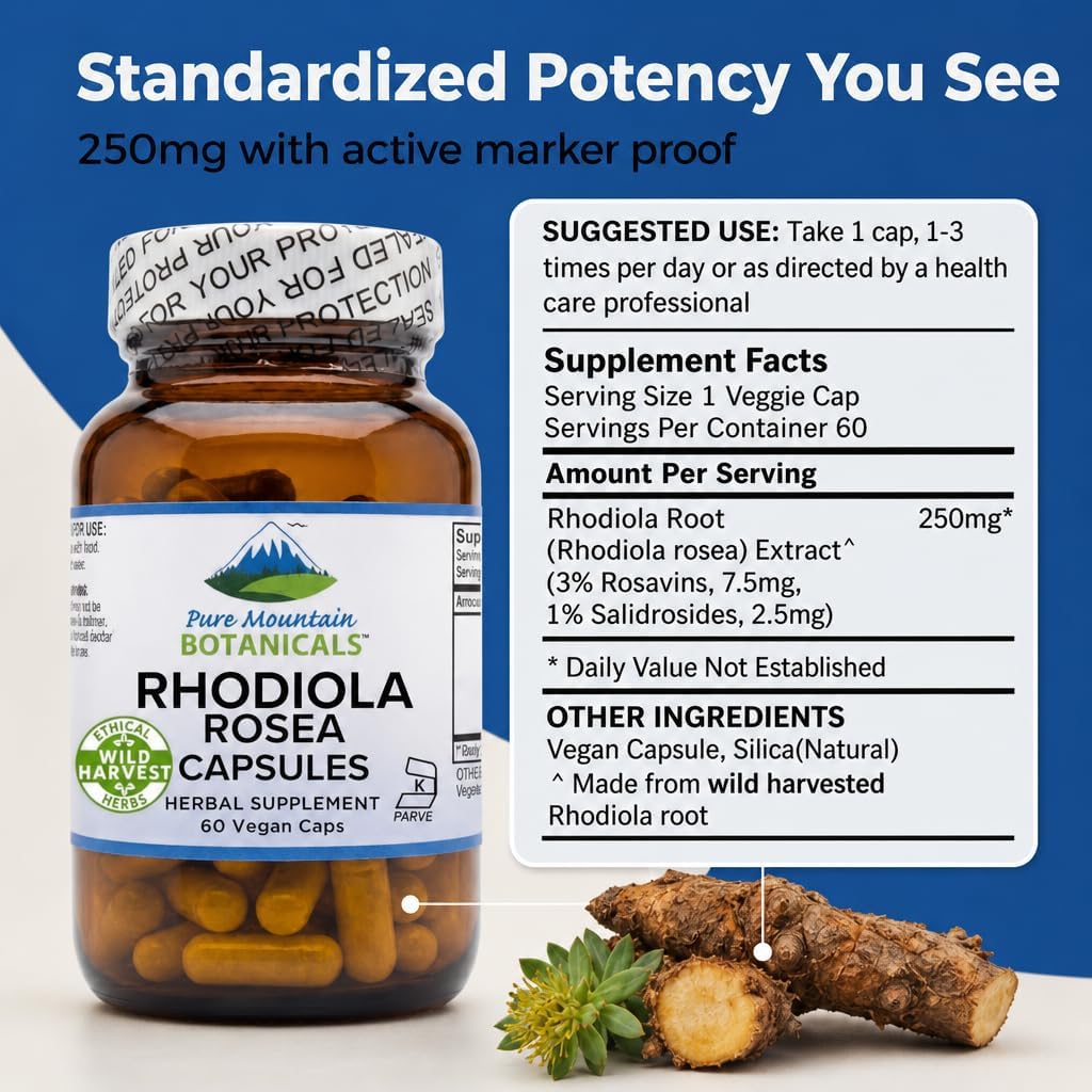 Pure Mountain Botanicals Rhodiola Rosea 250mg - 60 Cápsulas Veganas