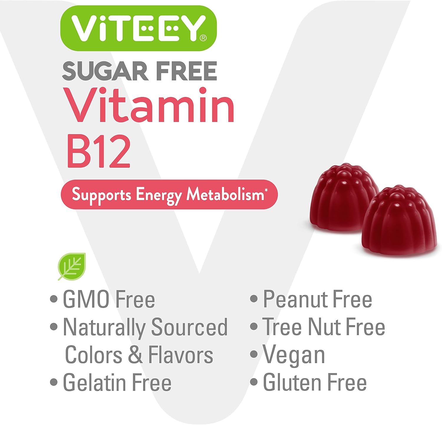 Viteey Gominolas de Vitamina B12 para Adultos y Adolescentes 1000mcg, Sin Azúcar