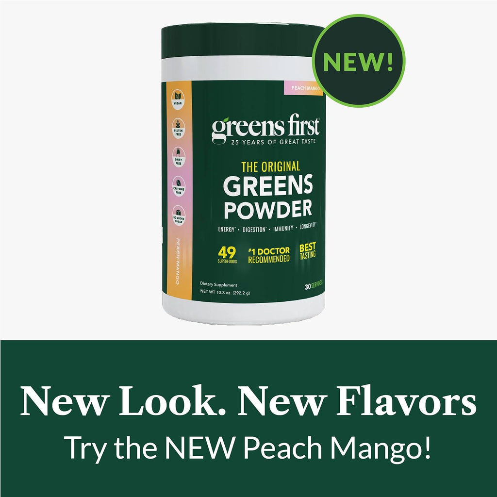 Greens First Original Greens Powder - 49 Superalimentos Orgánicos - Sabor Mango Melocotón - 30 Porciones