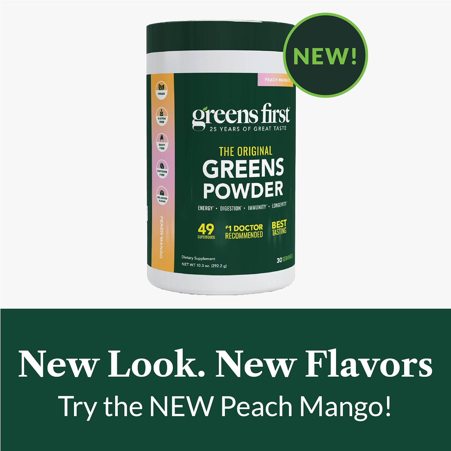 Greens First Original Greens Powder - 49 Superalimentos Orgánicos - Sabor Mango Melocotón - 30 Porciones
