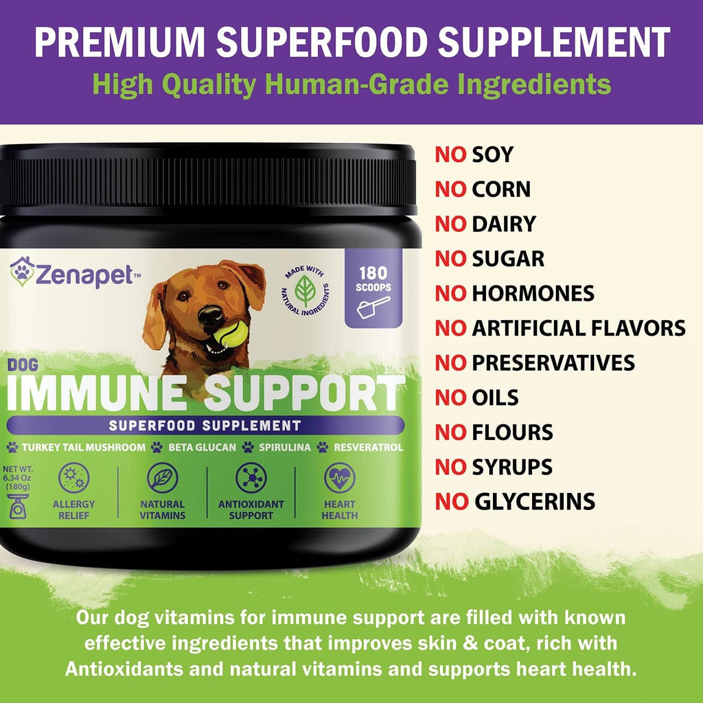 Zenapet Dog Immune Support Premium Powder Topper – Turkey Tail, Spirulina y Beta-Glucano