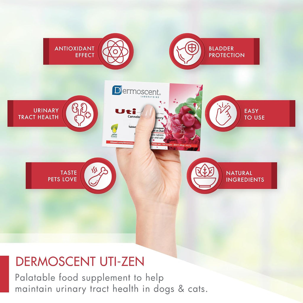 Dermoscent UTI-Zen Cranberry Comprimidos para Perros y Gatos - Suplemento Alimenticio para la Salud de la Vejiga, Riñones y Tracto Urinario - Sabor a Pollo - 30 Comprimidos