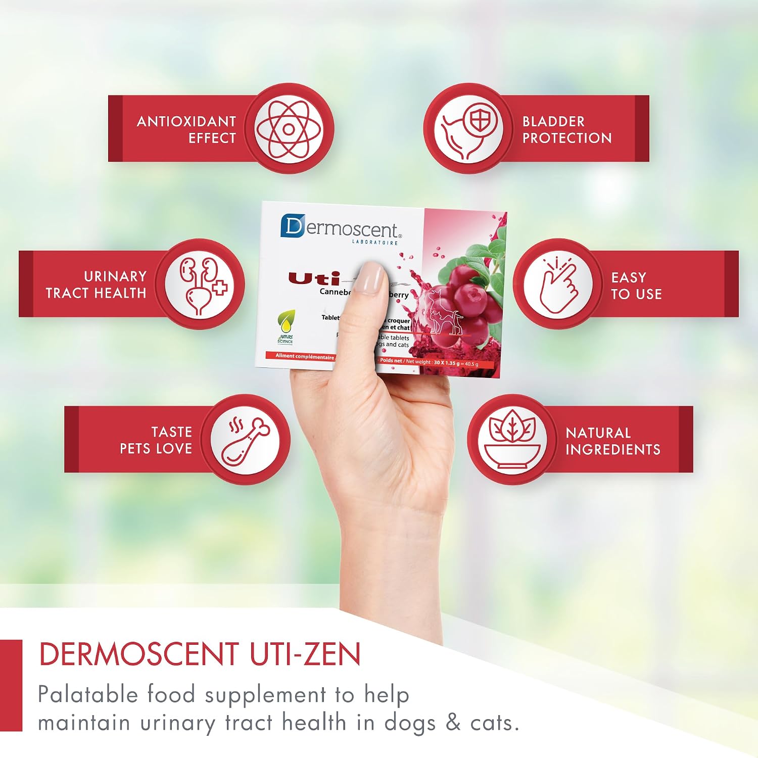 Dermoscent UTI-Zen Cranberry Comprimidos para Perros y Gatos - Suplemento Alimenticio para la Salud de la Vejiga, Riñones y Tracto Urinario - Sabor a Pollo - 30 Comprimidos