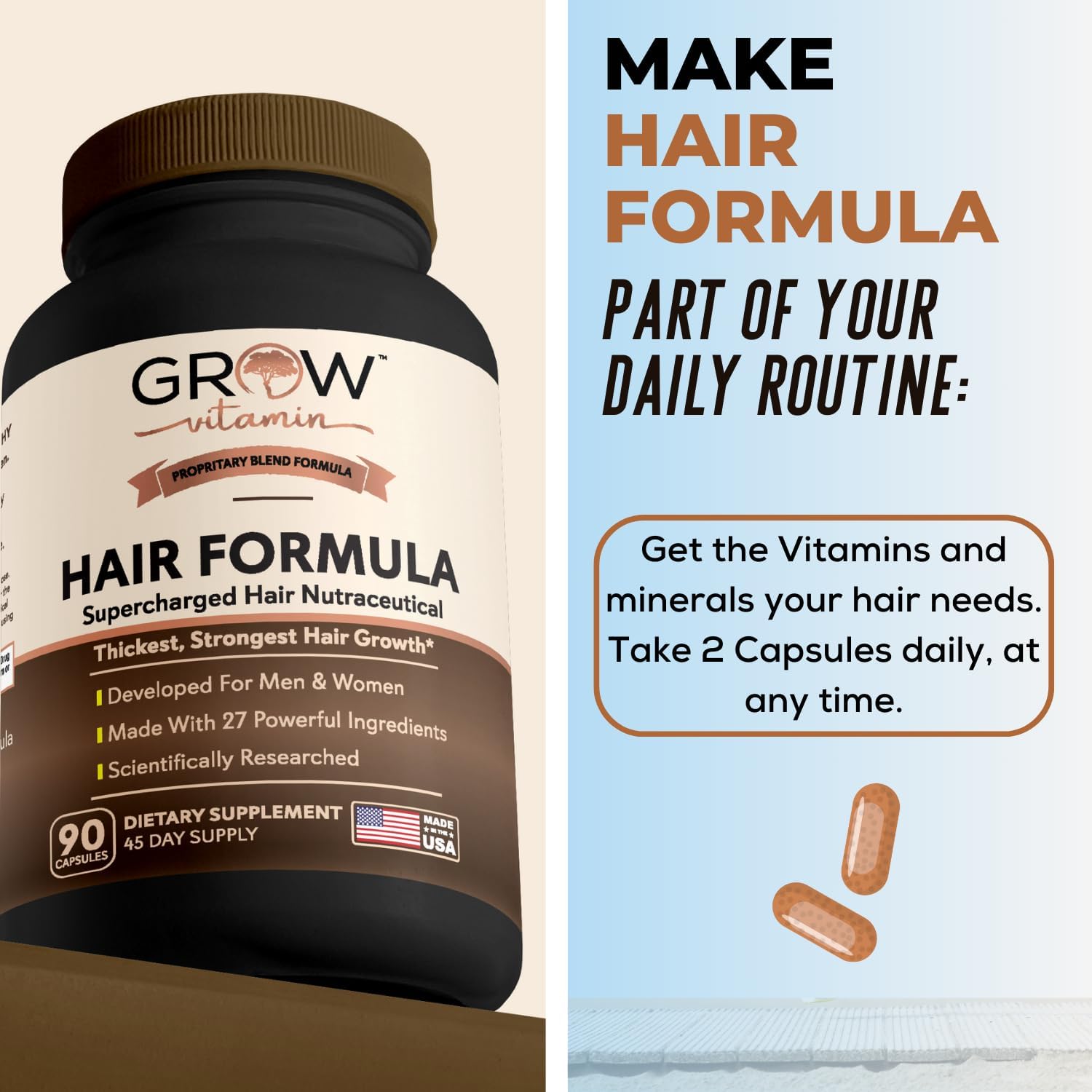 Grow Vitamin All in One Hair Formula - Fórmula Avanzada para Cabello, Piel y Uñas - 90 Cápsulas