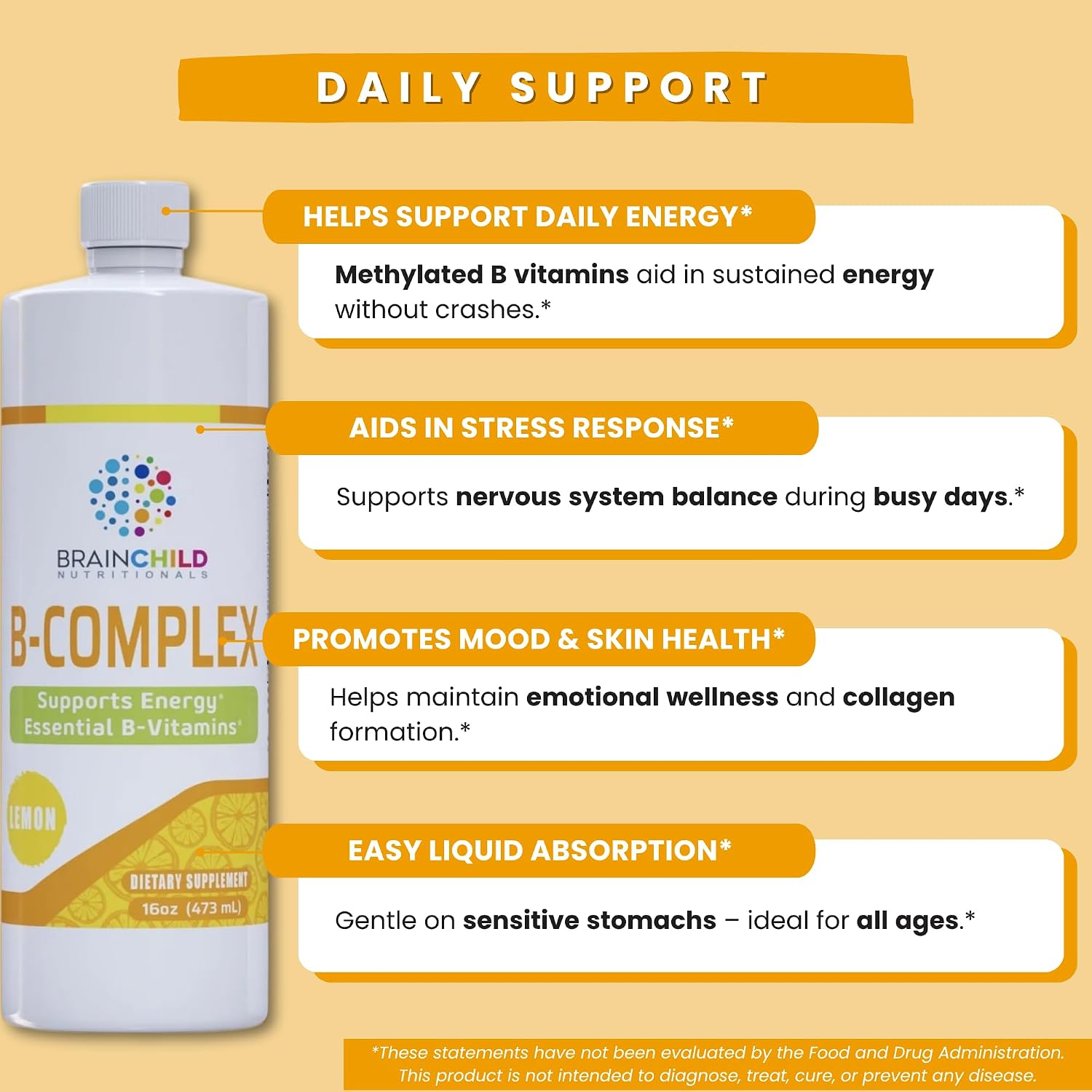 BrainChild B-Complex Líquido - Vitaminas B Metiladas de Alta Potencia para Energía, Estrés y Estado de Ánimo, Sin OGM, Vegano, Sin Gluten, Limón - 473 ml
