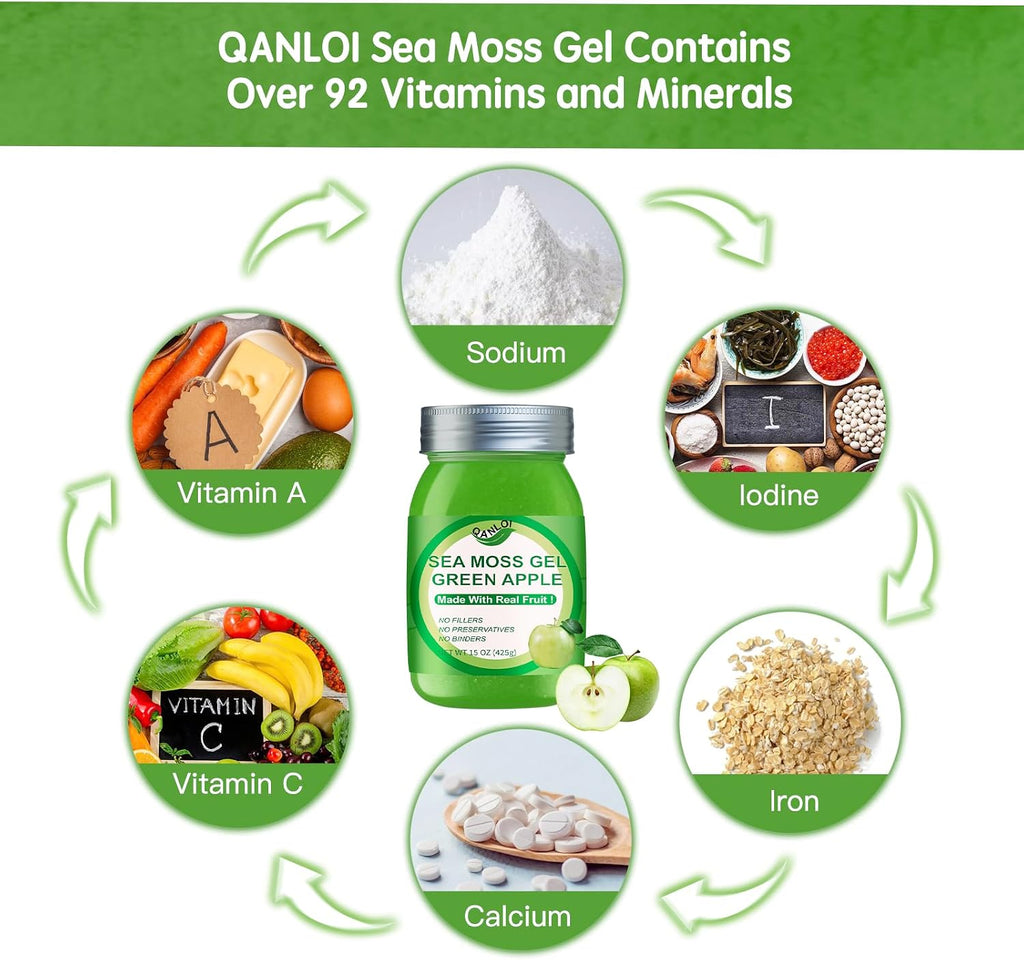 Sea Moss Raw Gel Natural con Irish Sea Moss - Apoyo Inmunológico y Digestivo - 425g (15 oz) - Sabor Manzana Verde