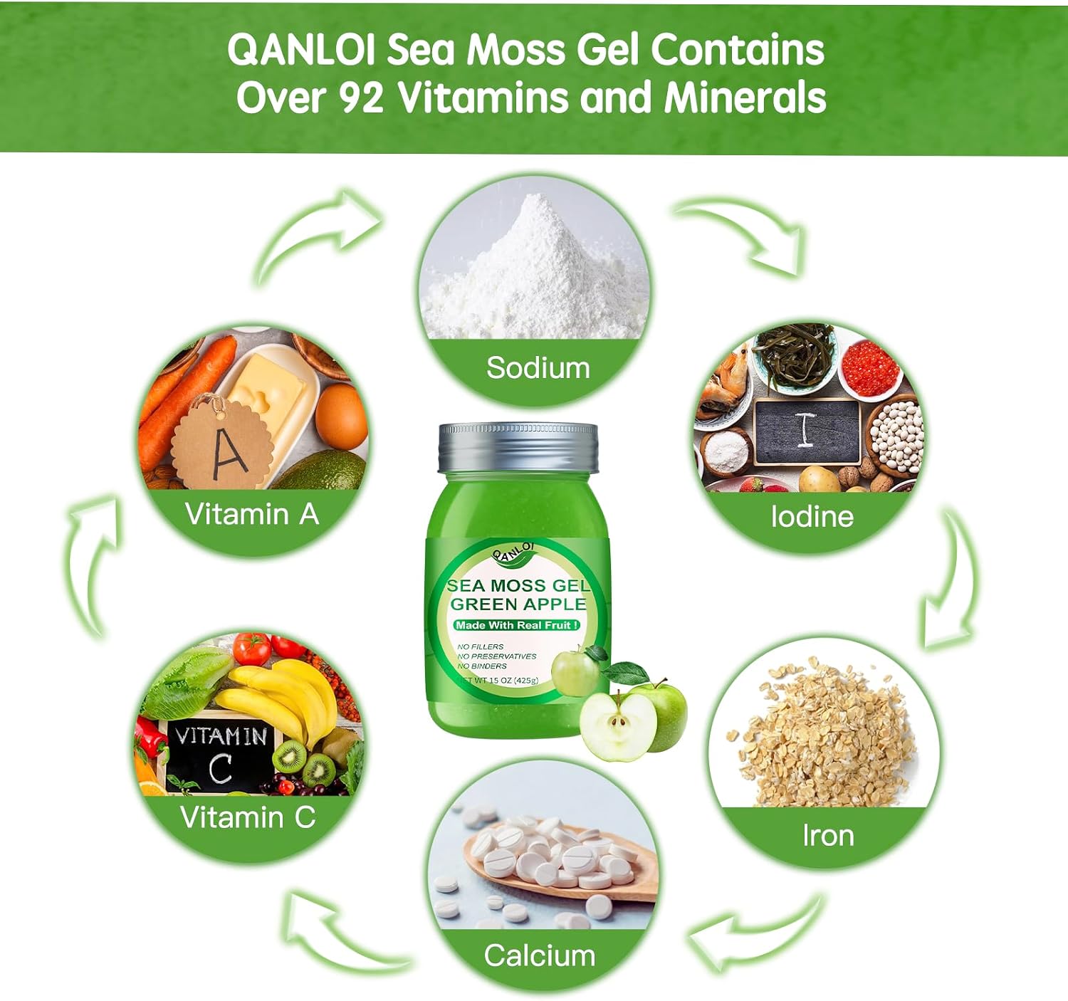 Sea Moss Raw Gel Natural con Irish Sea Moss - Apoyo Inmunológico y Digestivo - 425g (15 oz) - Sabor Manzana Verde