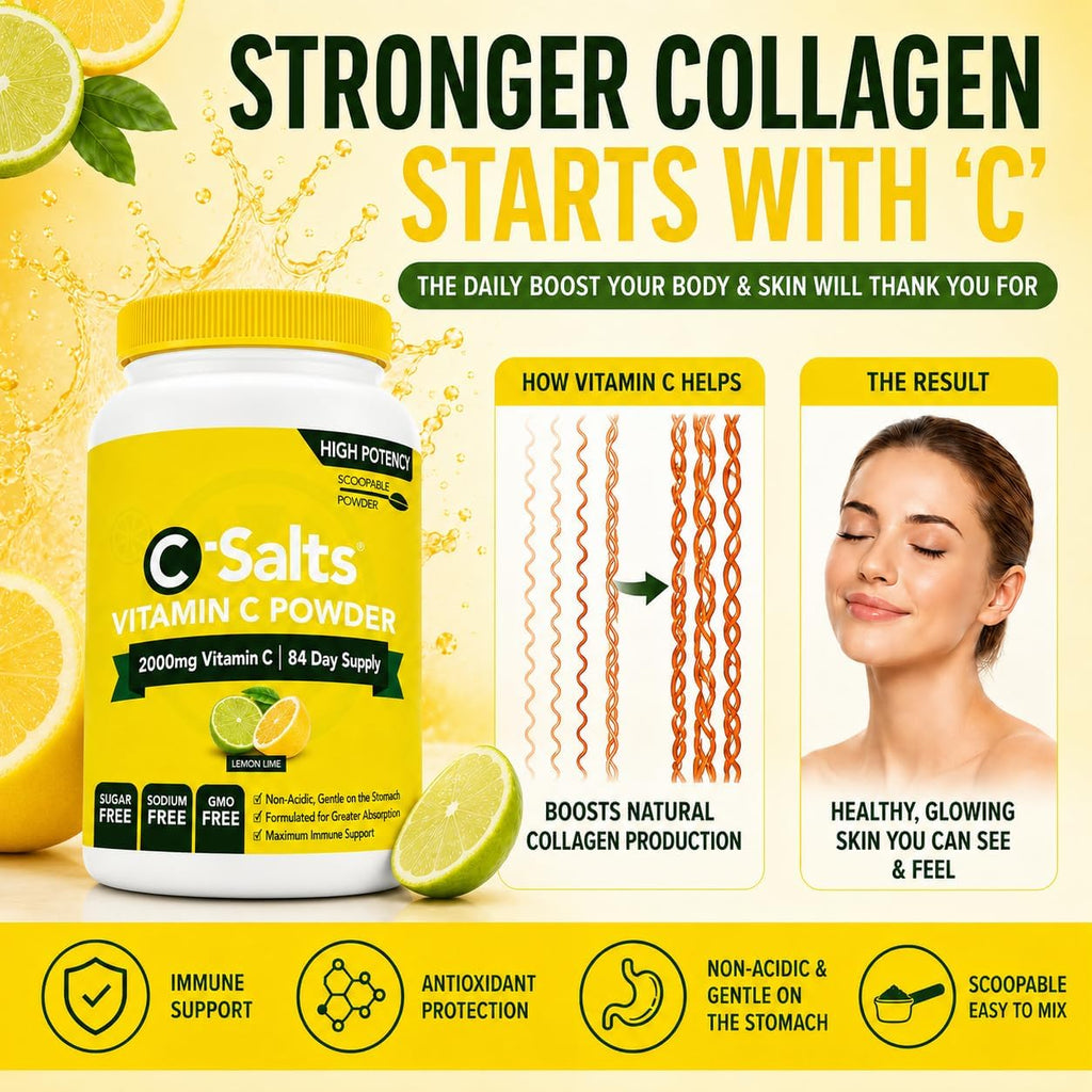 C-Salts Buffered Vitamin C Powder - Vitamina C en Polvo Orgánica, Suave para el Estómago, 84 Dosis (Lemon Lime, 227g)