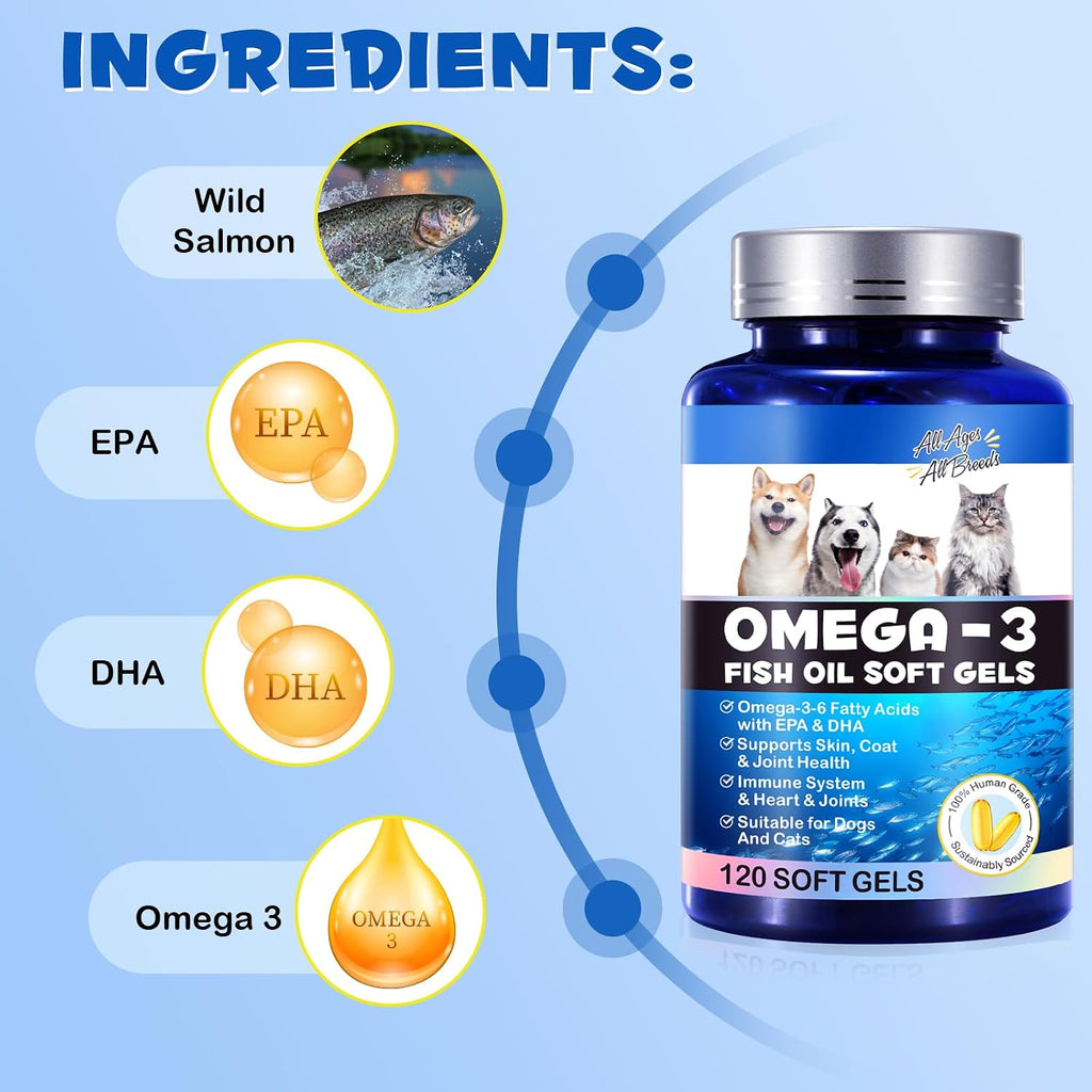 Omega-3 Aceite de Pescado para Perros - 120 Cápsulas Blandas con EPA y DHA