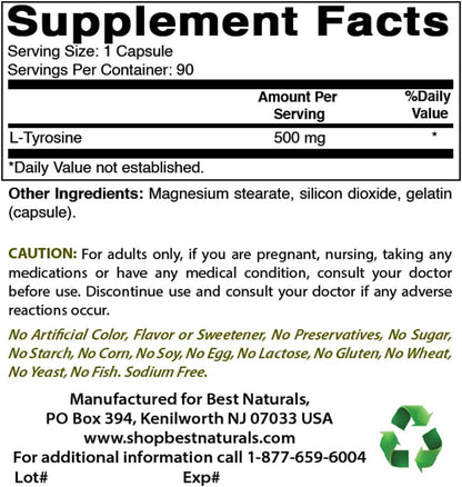 Best Naturals L-Tirosina 500 mg, 180 Cápsulas (2 Envases de 90) – Image 2