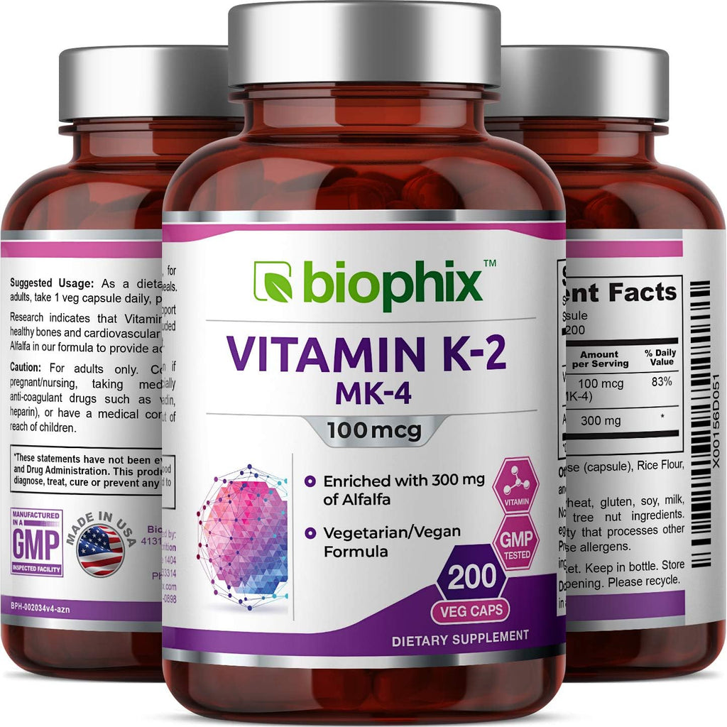 biophix Vitamina K2 MK-4 100 mcg 200 Cápsulas con Alfalfa - Huesos Fuertes y Salud Inmunitaria