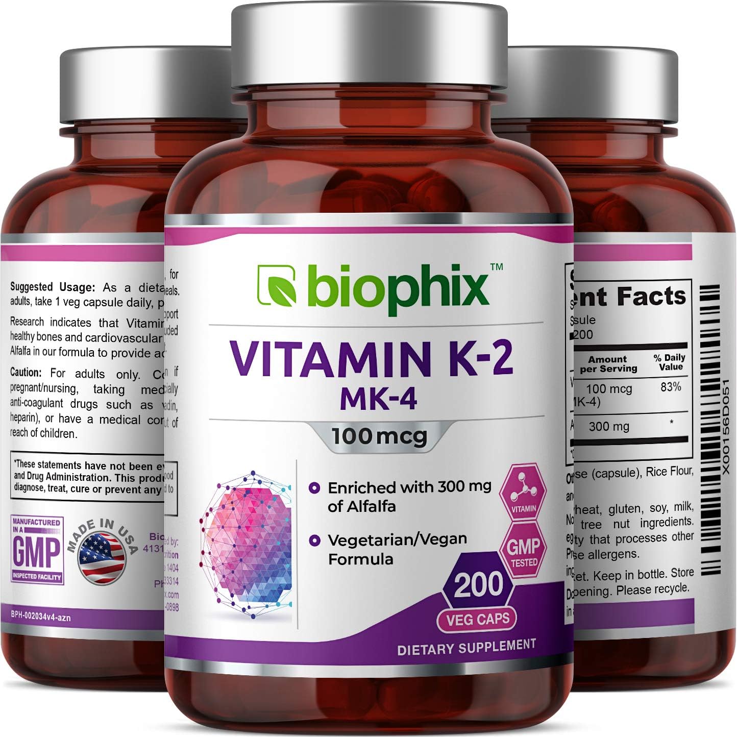 biophix Vitamina K2 MK-4 100 mcg 200 Cápsulas con Alfalfa - Huesos Fuertes y Salud Inmunitaria