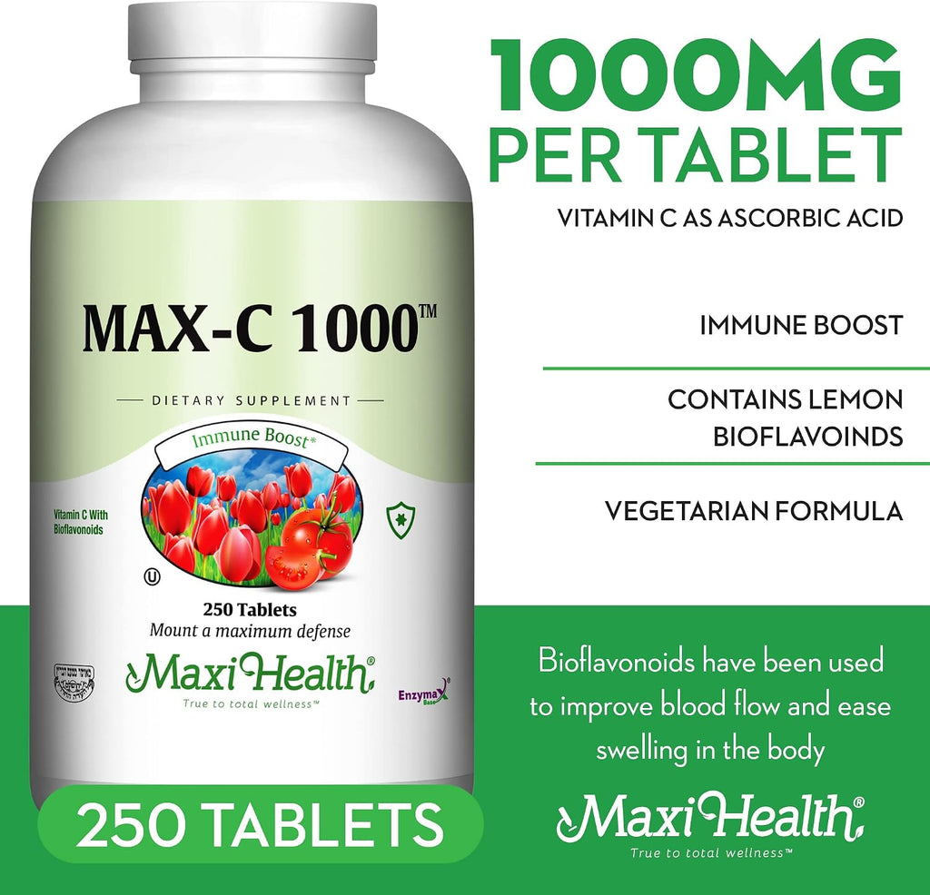 Maxi Health Vitamina C 1000 mg - 250 Comprimidos con Bioflavonoides de Limón y Enzymax