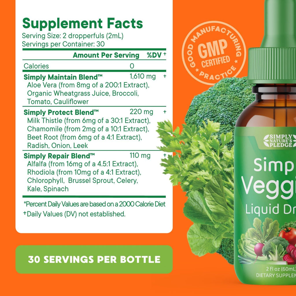 Simply Nature's Pledge - Suplemento de Frutas y Verduras - Gotas Líquidas - Superalimentos Integrales - Sin Soja - Hecho en EE. UU.