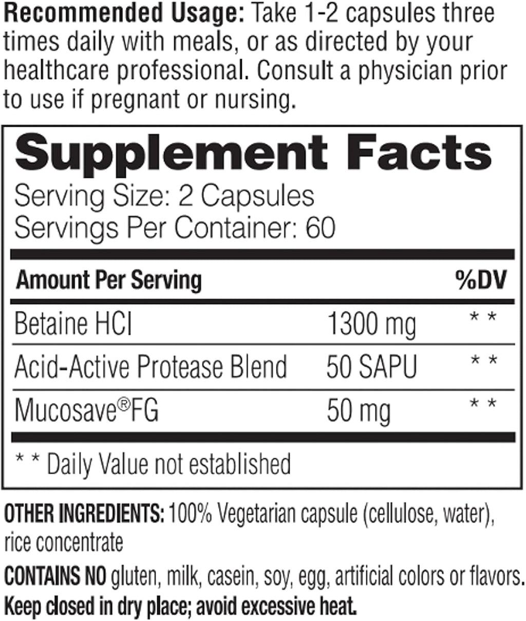 Enzymedica Betaine HCl, 120 Cápsulas - Complemento de Ácido Clorhídrico y Enzimas Digestivas