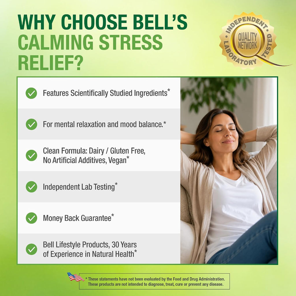 Bell Lifestyle Calming Stress Relief - Mezcla herbal con 5-HTP y GABA para el estrés y la relajación, 60 cápsulas veganas