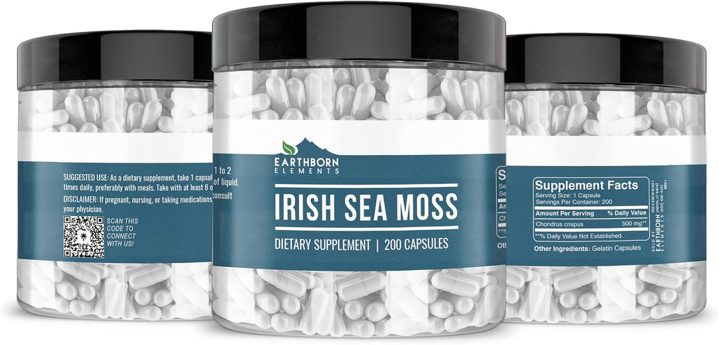 Earthborn Elements Irish Sea Moss 200 Cápsulas, Puro y Sin Diluir, Sin Aditivos