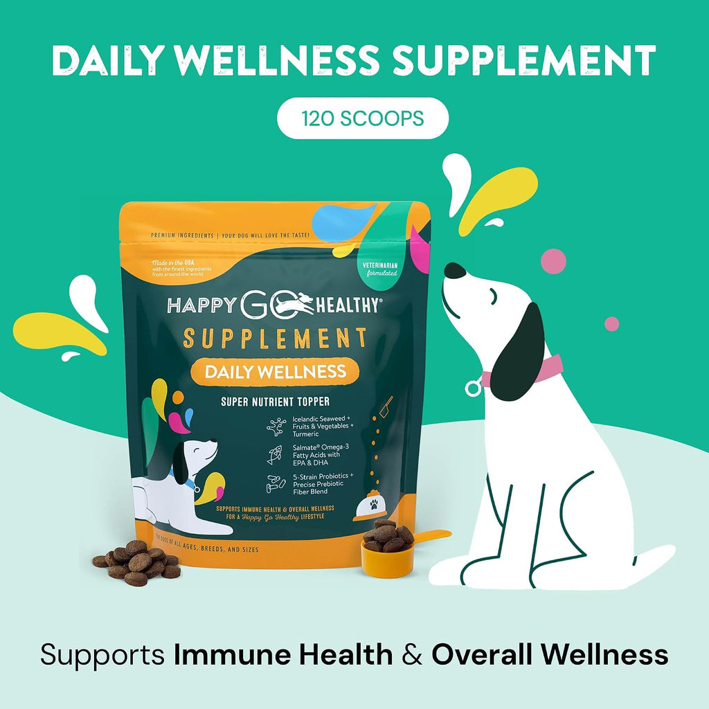 Happy Go Healthy Complemento Diario para Perros | Probióticos y Prebióticos con Aceite de Salmón y Algas | 120 unidades