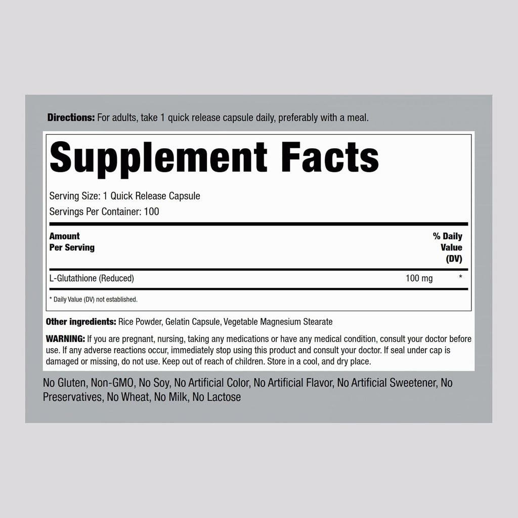 Piping Rock L-Glutathione 100 mg - 100 Capsules (Reduced Form)
