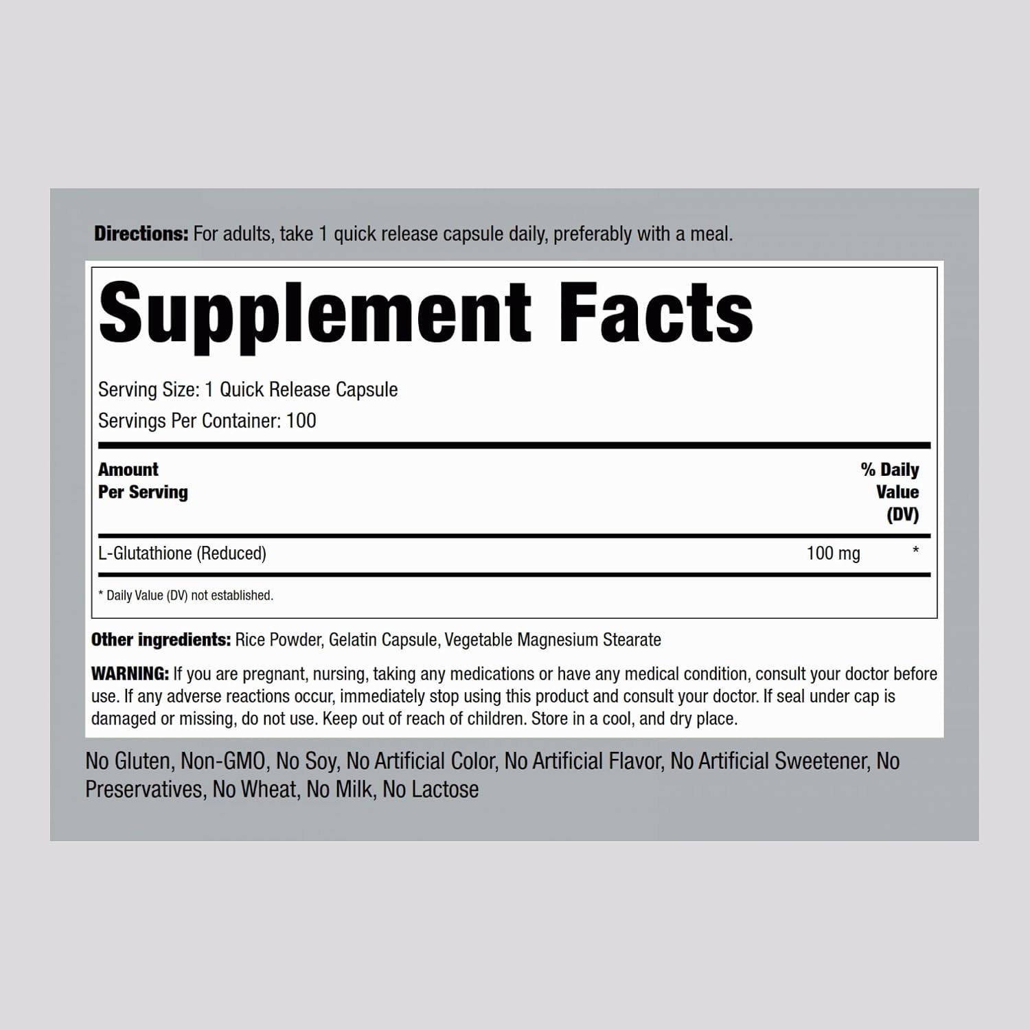 Piping Rock L-Glutathione 100 mg - 100 Capsules (Reduced Form)