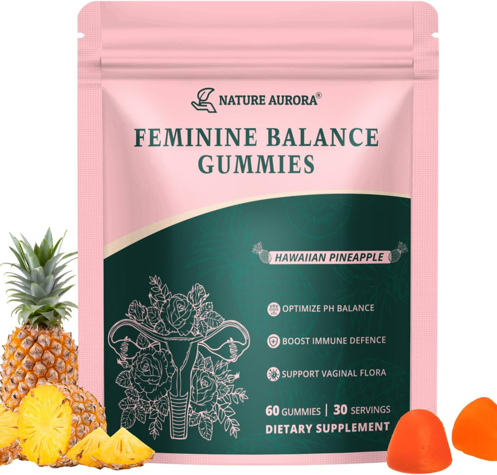 Nature Aurora Premium Feminine Balance Gummies - Apoyo al Equilibrio Femenino y Probióticos Vaginales con Vitamina C - Sabor a Piña Hawaiana - 60 Gomitas