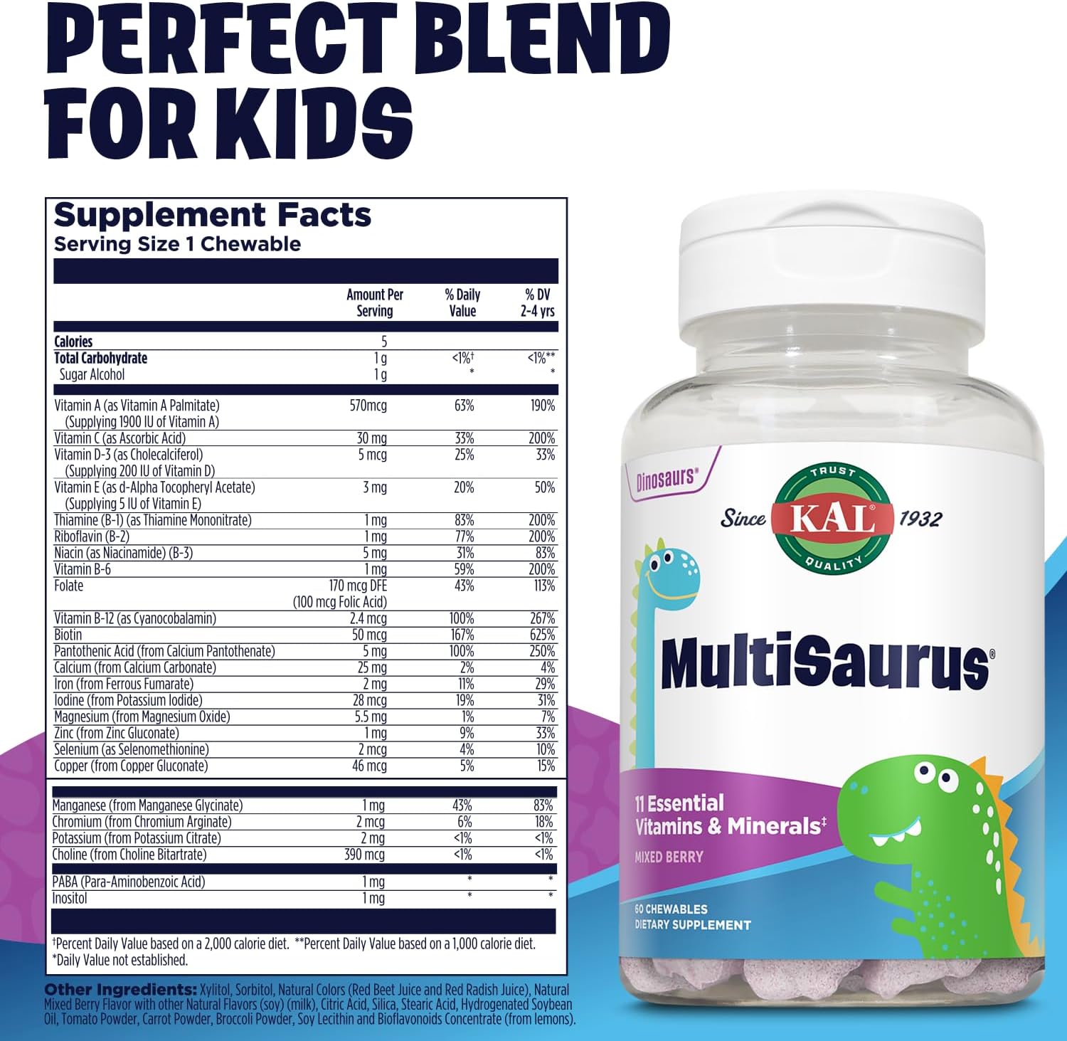 KAL MultiSaurus Multivitamínico Infantil Masticable, 11 Vitaminas y Minerales, Sabor Bayas, 60 Comprimidos