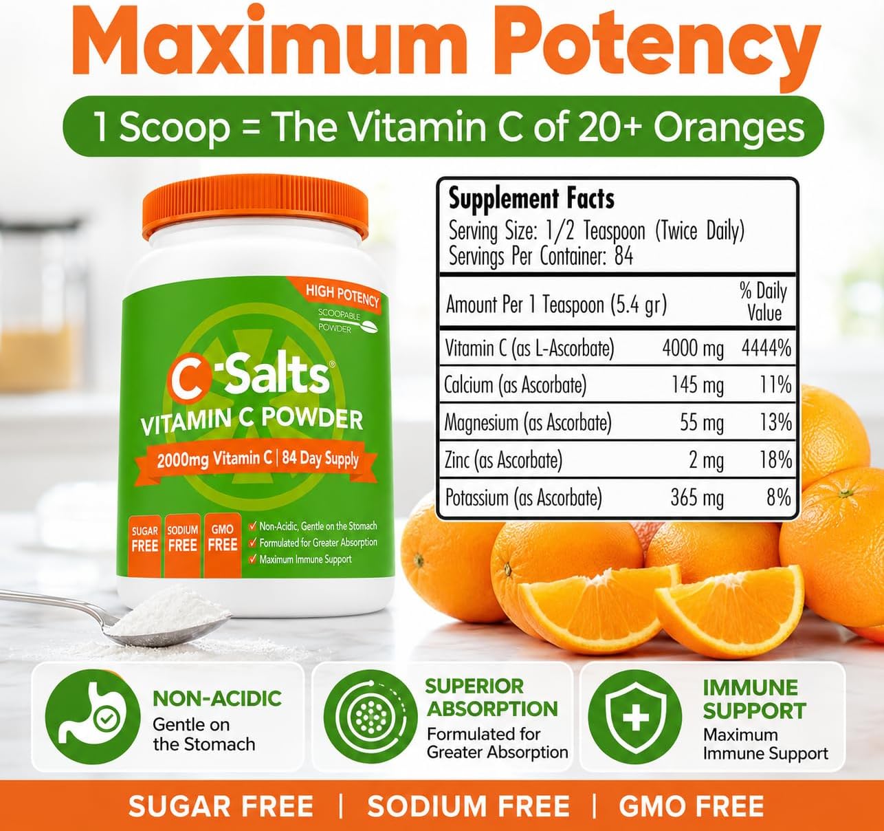 C-Salts Vitamina C en Polvo Bufferizada - 26 oz (735 g) - 272 Porciones