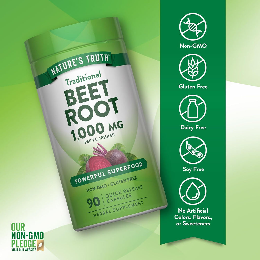 Nature's Truth Cápsulas de Raíz de Remolacha | 1000mg | 90 Cápsulas | Extracto Herbal | Sin Gluten y No OGM