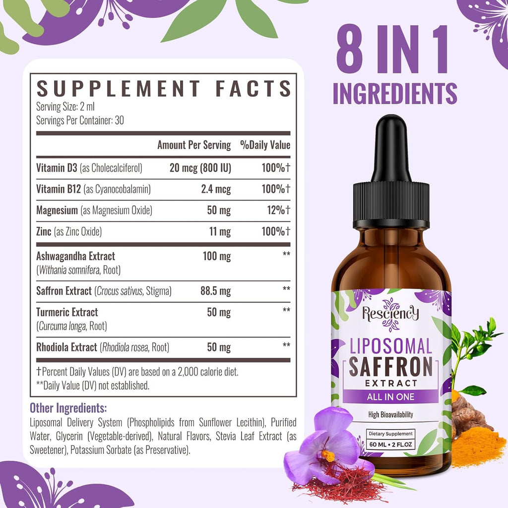 Resciency Gotas de Azafrán Liposomal 88.5mg – Extracto Líquido de Alta Biodisponibilidad con Ashwagandha, Magnesio, Zinc, Vitamina B12 y D3, 60 ml