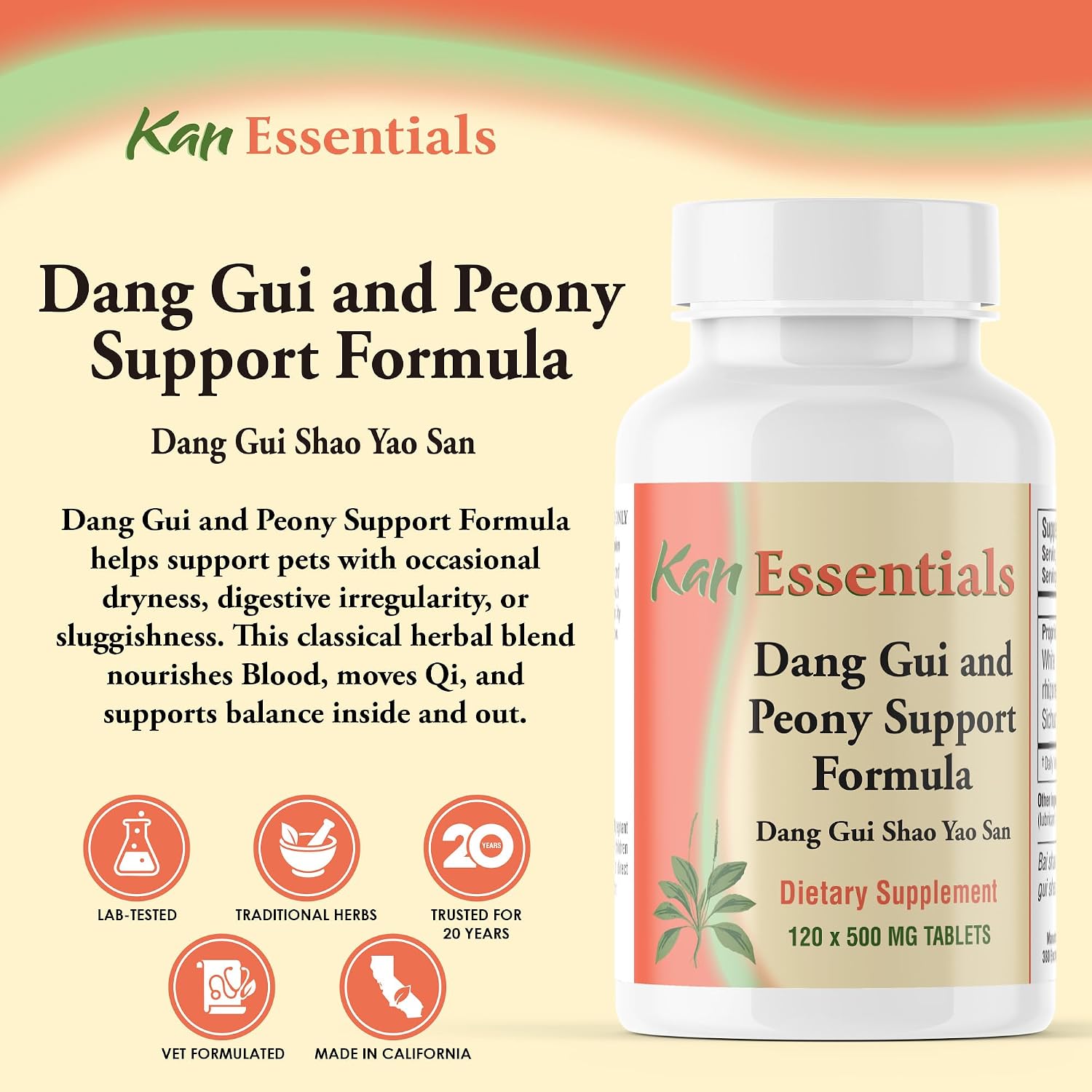 Kan Herb Essentials Dang Gui and Peony Support – Traditional Chinese Herbal Blend for Dogs and Cats, 120 Tablets