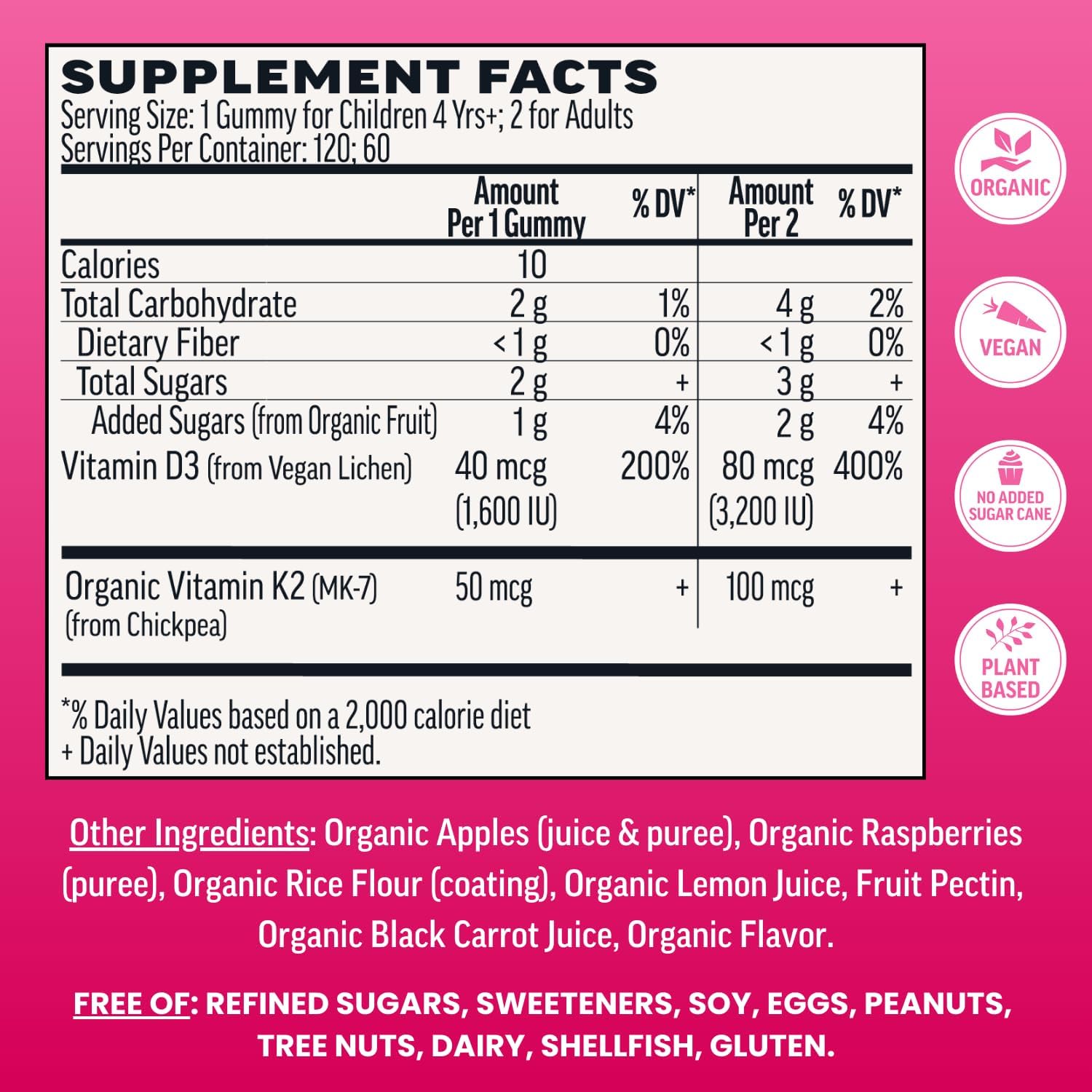 Llama Naturals Gomitas de Vitamina D3 y K2 para Adultos y Niños, Vegano, Orgánicas, Sabor Frambuesa, 120 uds