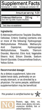 SAM-e 200mg Suplemento Diario - Vegano, Kosher, Sin Gluten - 60 Comprimidos Recubiertos - Nature's Trove