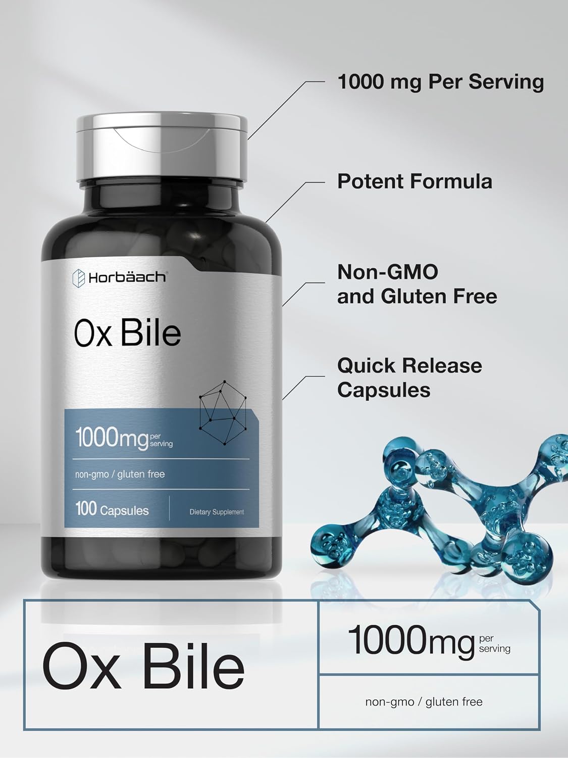 Horbäach Suplemento de Bilis de Buey | 1000mg | 100 Cápsulas | Digestivo Enzimático | No-GMO y Sin Gluten