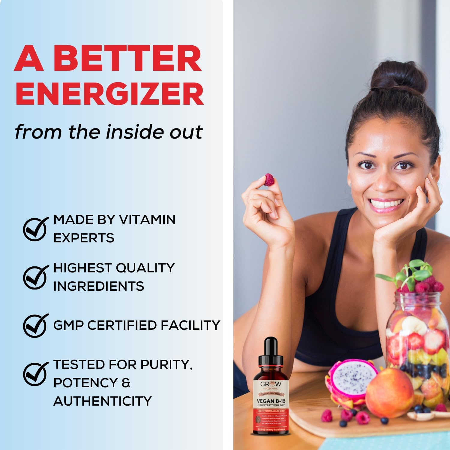 Grow Vitamin Complejo B12 Líquido Sublingual - Metilcobalamina Premium con Vitaminas B2, B3, B6 y B12 para Energía y Sistema Inmunitario