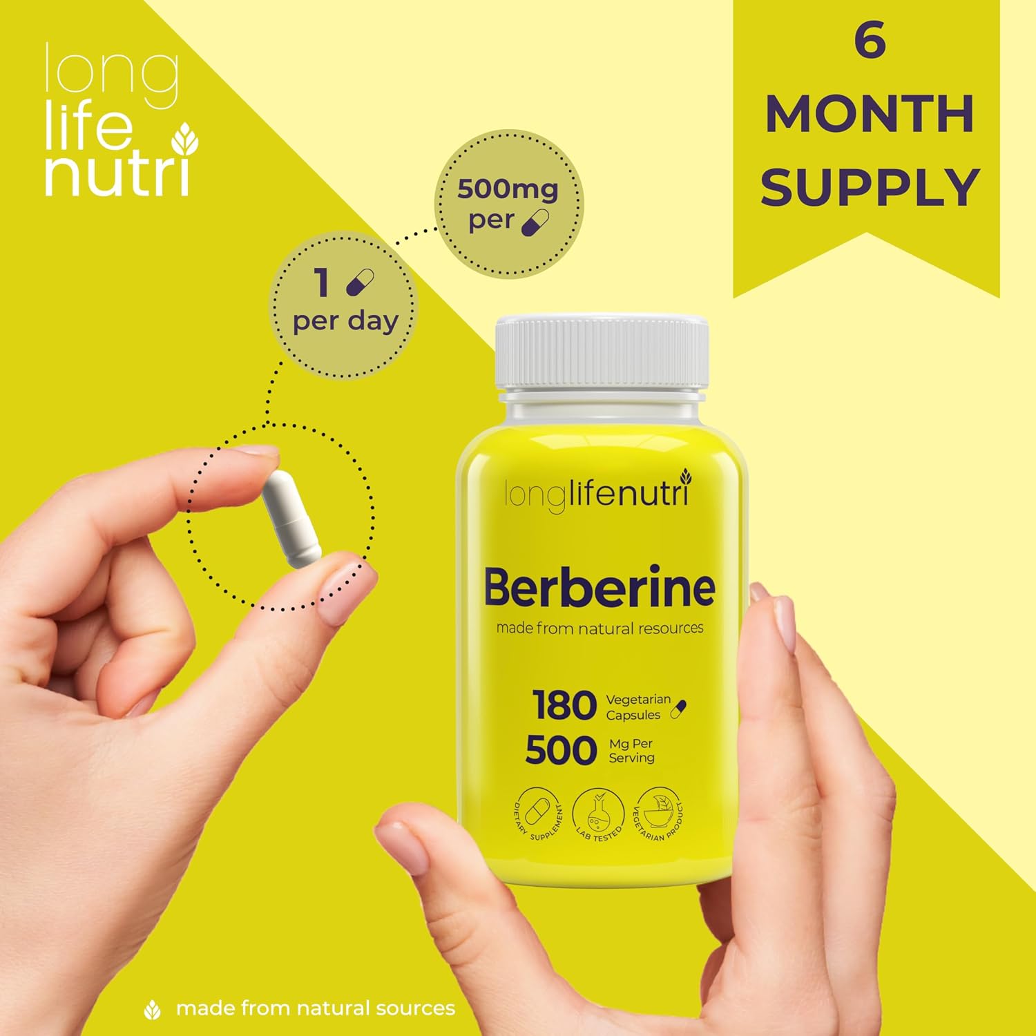 LongLifeNutri Berberine 500 mg – 180 Cápsulas Vegetales