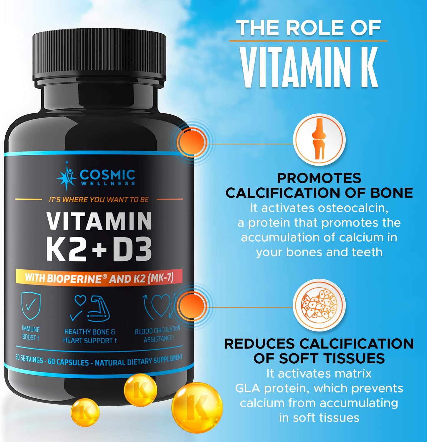 COSMIC WELLNESS Vitamina D3+K2 5000 UI con Bioperina