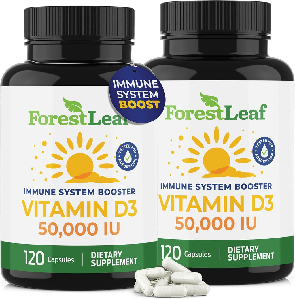 ForestLeaf Vitamina D3 50.000 IU – Suplemento Semanal para Huesos, Dientes e Inmunidad (120 Cápsulas, 2 Envases)