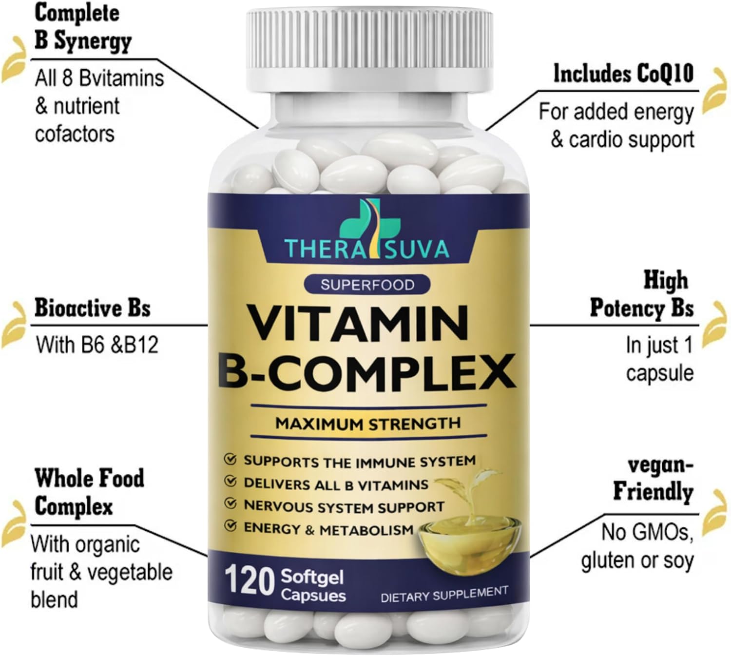 TheraSuva Complejo B + CoQ10 + Vitamina C - Suplemento de Máxima Potencia para Energía y Apoyo al Metabolismo, 2 Meses de Suministro, 120 Cápsulas Blandas