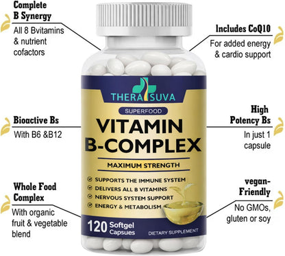 TheraSuva Complejo B + CoQ10 + Vitamina C - Suplemento de Máxima Potencia para Energía y Apoyo al Metabolismo, 2 Meses de – Image 3