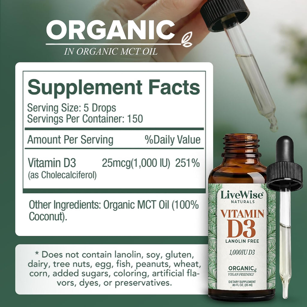 Live Wise Naturals Vitamina D3 1000 UI (25 mcg) Gotas - Fórmula Ultra Concentrada, Absorción Rápida, Vegana, con Aceite MCT Orgánico y Dosificador Microdosis