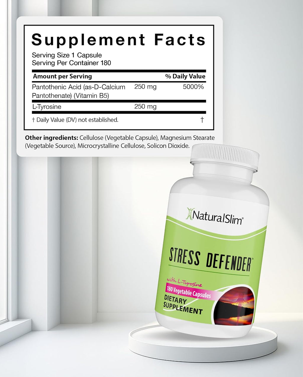 NaturalSlim Stress Defender | Reductor de Cortisol y Alivio del Estrés | Apoyo al Estado de Ánimo, Sueño y Metabolismo | Vitamina B5 y L-Tirosina | 180 Cápsulas Vegetales