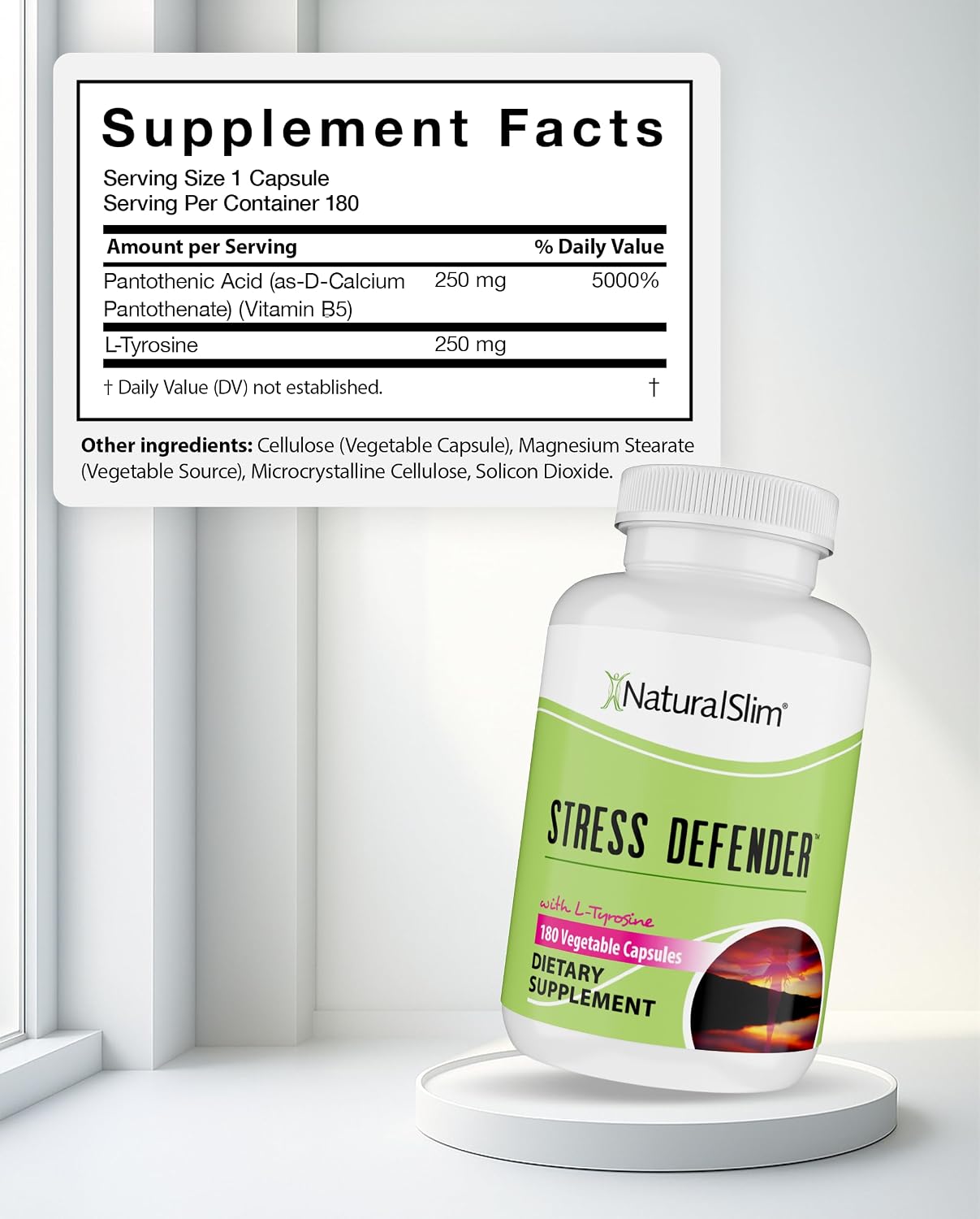 NaturalSlim Stress Defender | Reductor de Cortisol y Alivio del Estrés | Apoyo al Estado de Ánimo, Sueño y Metabolismo | Vitamina B5 y L-Tirosina | 180 Cápsulas Vegetales