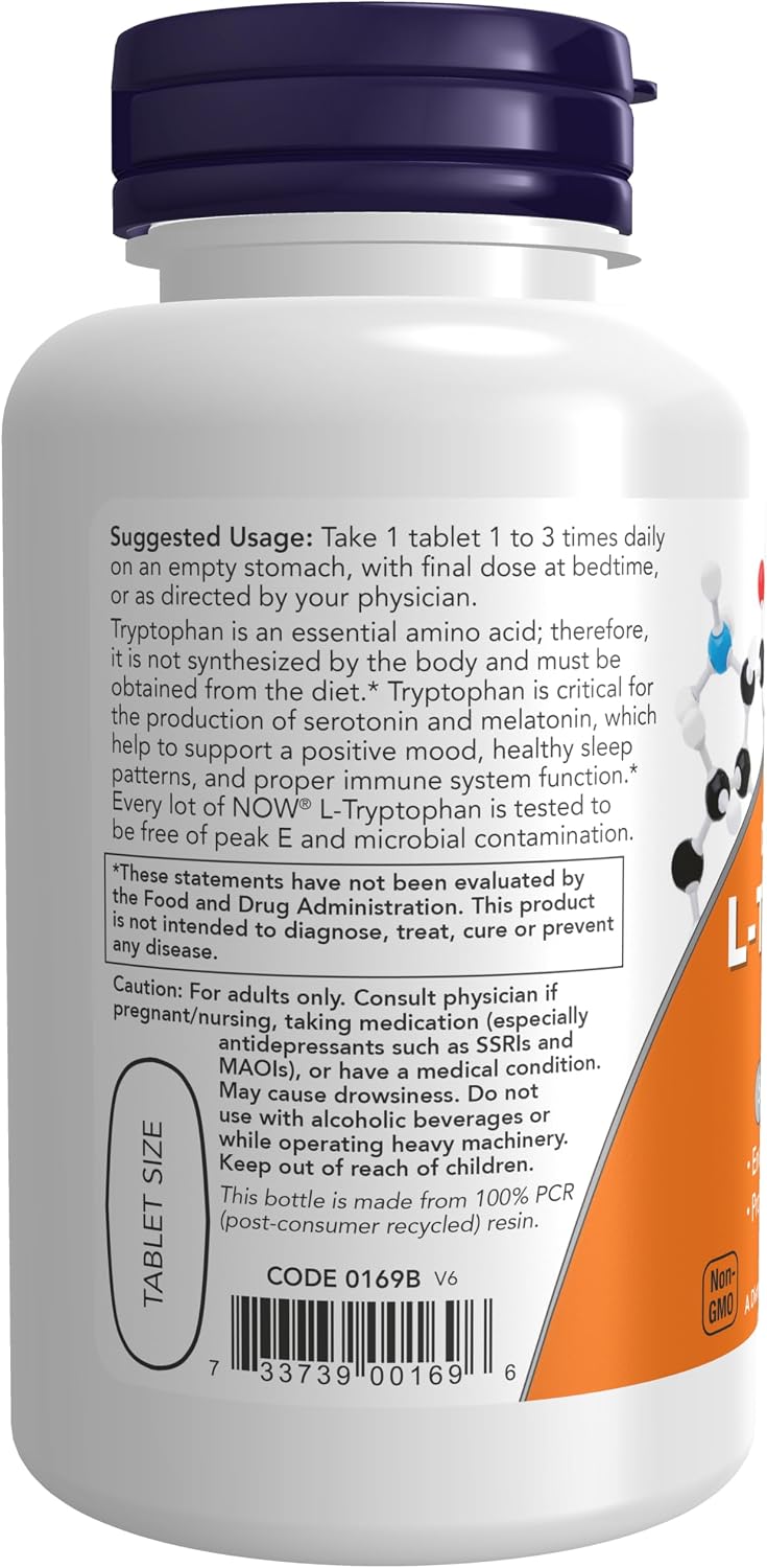 NOW Foods L-Tryptophan 1000 mg, Dosis Doble, 60 Comprimidos