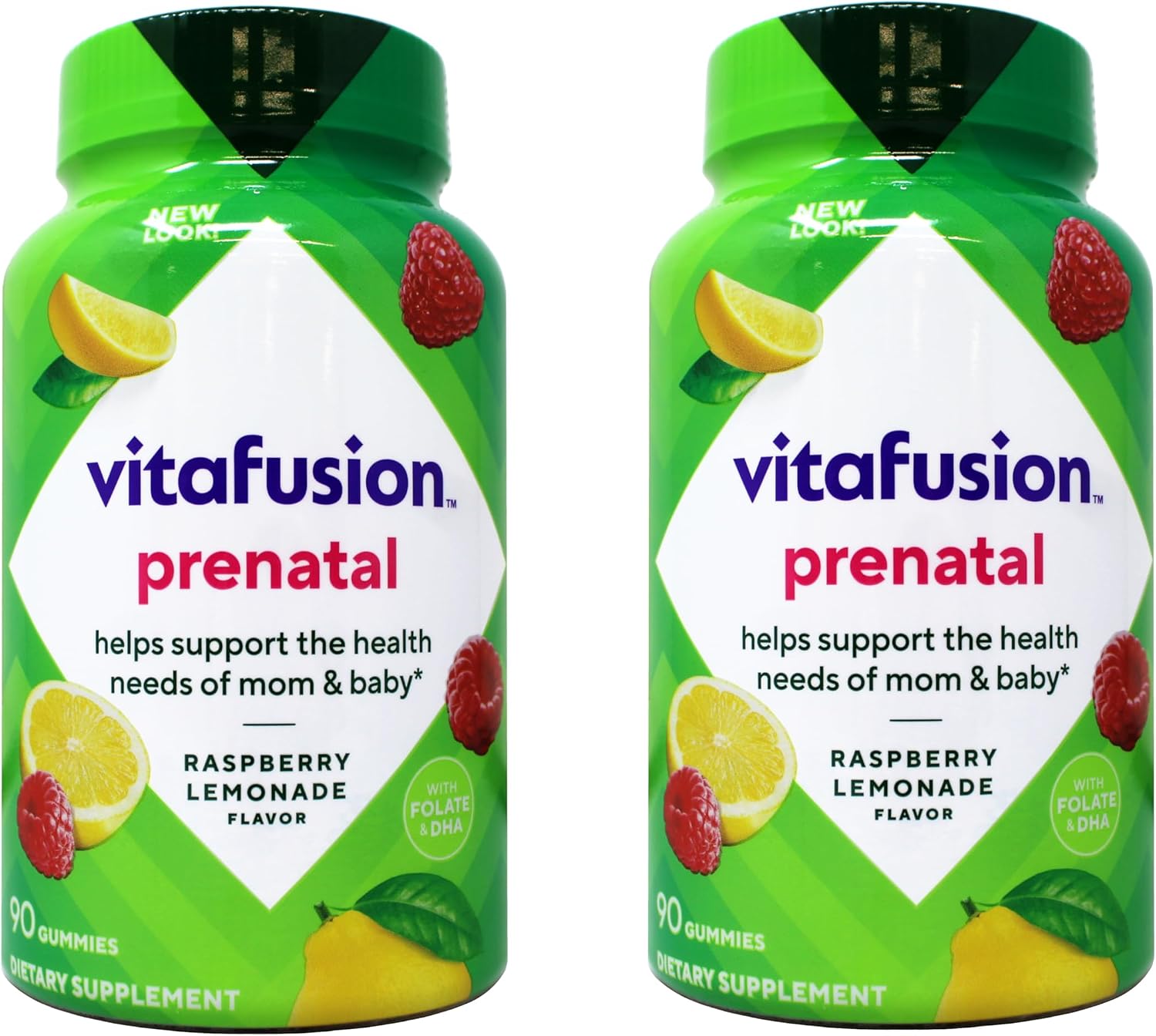 Vitafusion Vitaminas Prenatales en Gomitas, Sabores Naturales Frambuesa, Limón y Limonada, 90 Gomitas (Paquete de 2)