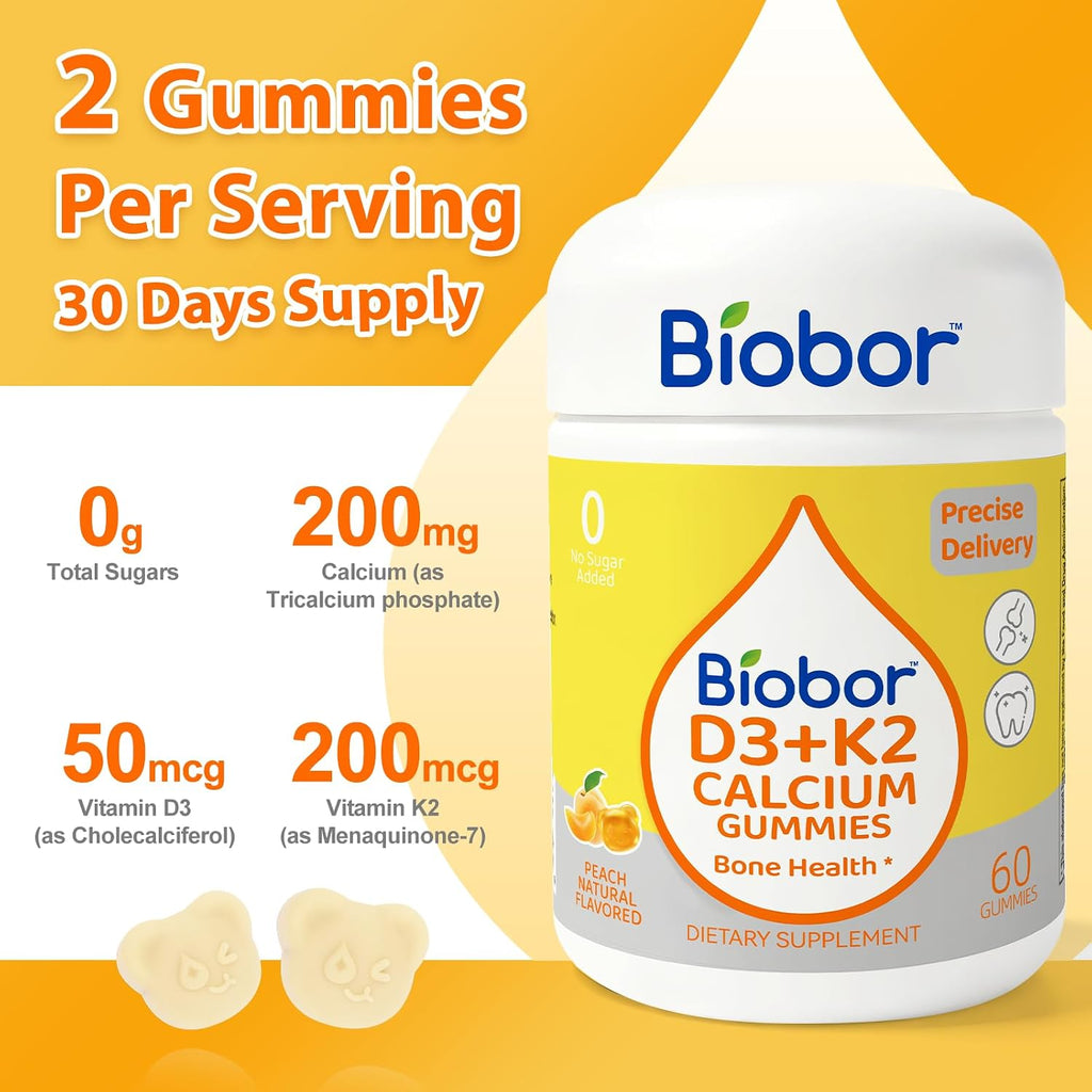 Biobor Gominolas de Vitamina D3 K2 con Calcio, 2000 UI D3, 200 mcg K2 (MK-7), 200 mg Calcio, Sin Azúcar, Melocotón Amarillo, 60 unidades