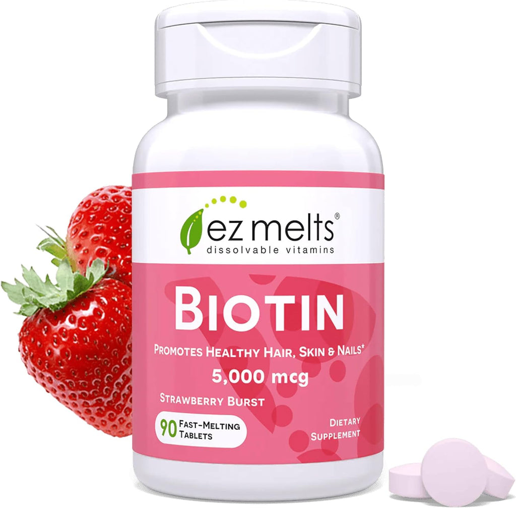 EZ Melts Biotina 5000 mcg - Comprimidos bucodispersables de biotina para cabello, piel y uñas - 90 comprimidos