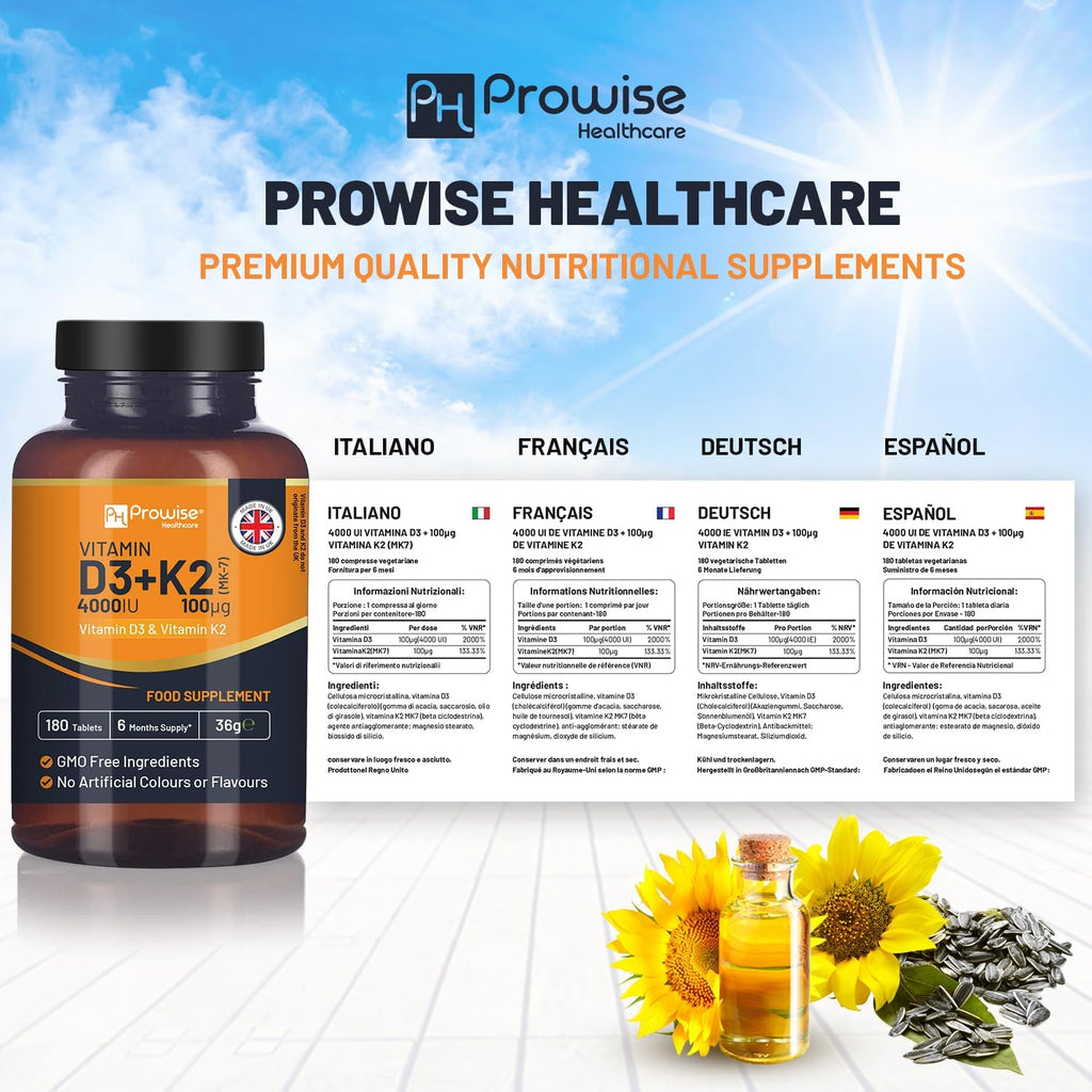 Prowise Healthcare Vitamina D3 4000UI y K2 MK7 100µg – 180 Comprimidos Vegetarianos