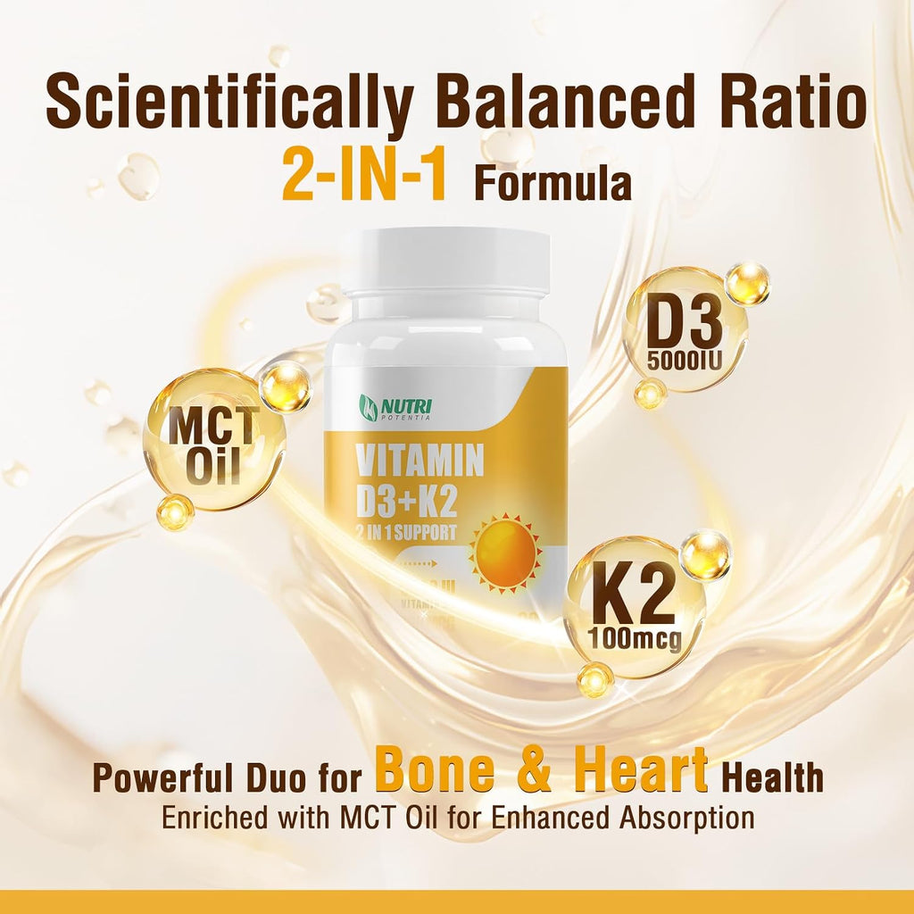 NUTRI POTENTIA Vitamina D3 + K2 con Aceite MCT, 5000 UI D3 y 100 mcg K2 (MK-7), 90 Cápsulas Blandas